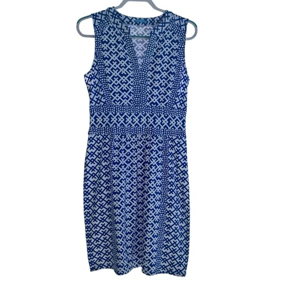 J McLaughlin Lola Dress Geo Audio Blue And White Print Catalina Cloth Medium - Picture 8 of 8